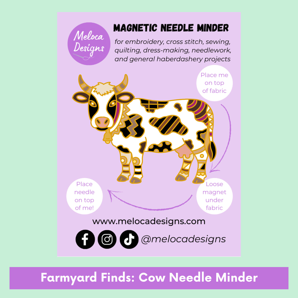 Farmyard Finds black and white cow magnetic needle minder by Meloca Designs