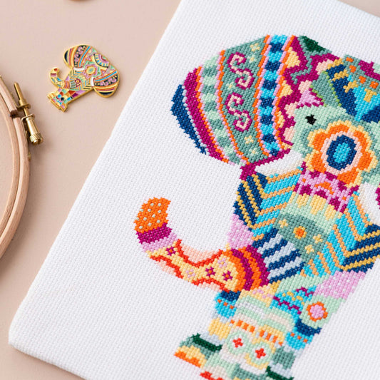 Colourful Mandala Elephant counted cross stitch kit with stitching accessories