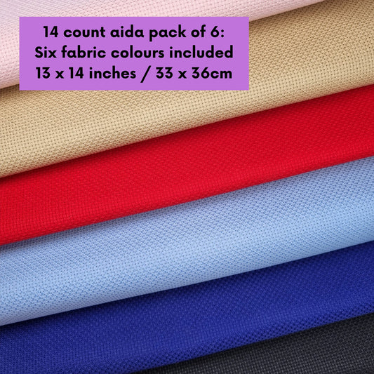 6 Piece Pack of 14 Count Coloured Aida Fabric 13 x 14 inches / 33 x 36cm for Cross Stitch