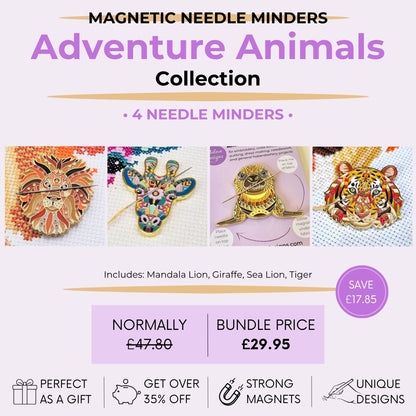 Adventure animals magnetic needle minder bundle featuring mandala lion, giraffe, sea lion, tiger designs