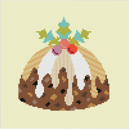 Christmas Pudding counted cross stitch kit featuring a festive Christmas dessert design on cream aida fabric
