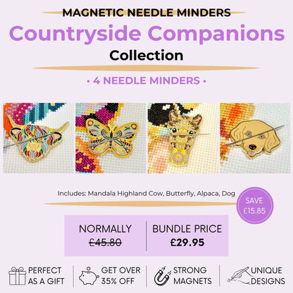 Countryside Companions magnetic needle minder bundle featuring mandala highland cow, butterfly, alpaca and dog designs