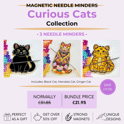 Curious Cats magnetic needle minder bundle featuring black cat, mandala cat and ginger cat designs