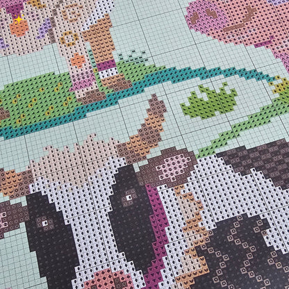 Farmyard Finds Meloca Stitch Circle cross stitch subscription chart preview featuring colourful cow, pig and goat designs