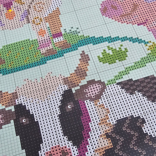 Farmyard Finds Meloca Stitch Circle cross stitch subscription chart preview featuring colourful cow, pig and goat designs