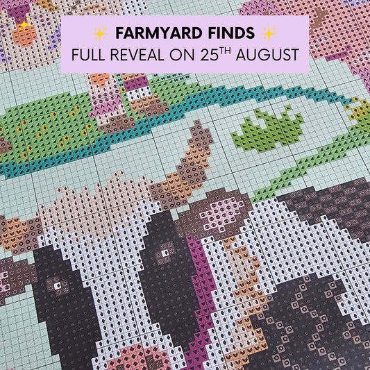 Farmyard Finds Meloca Stitch Circle cross stitch subscription chart preview featuring colourful cow, pig and goat designs