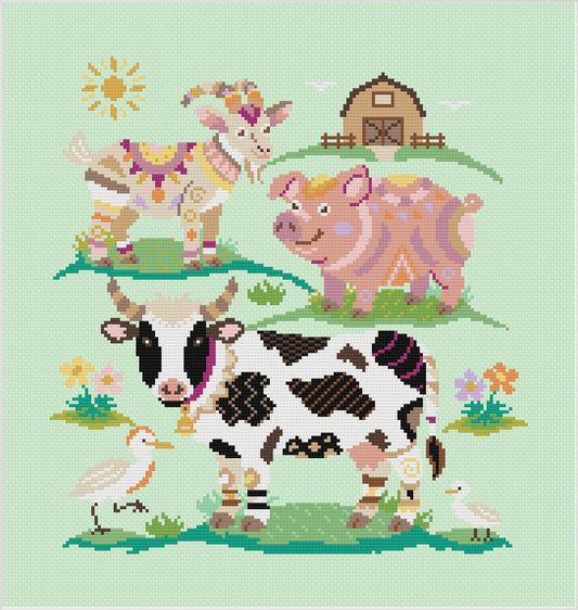 Farmyard Finds Meloca Stitch Circle cross stitch subscription teaser featuring colourful cow, pig and goat designs