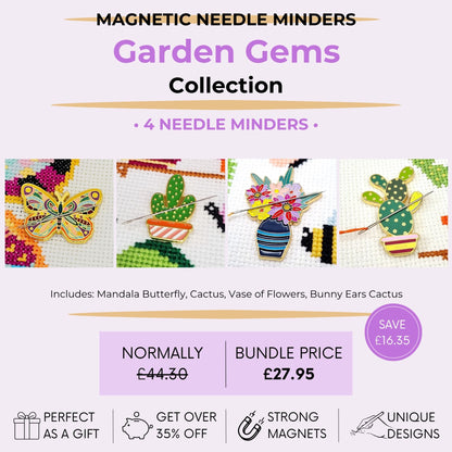 Garden Gems magnetic needle minder bundle featuring butterfly, cactus, vase of flowers and bunny ears cactus designs