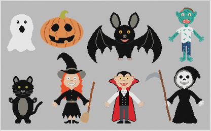 Halloween Characters Cross Stitch Pattern