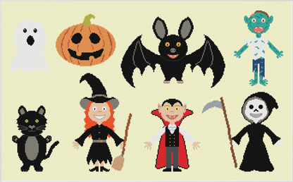 Halloween Characters Cross Stitch Pattern