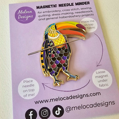Mandala Toucan magnetic needle minder featuring a colourful tropical bird design