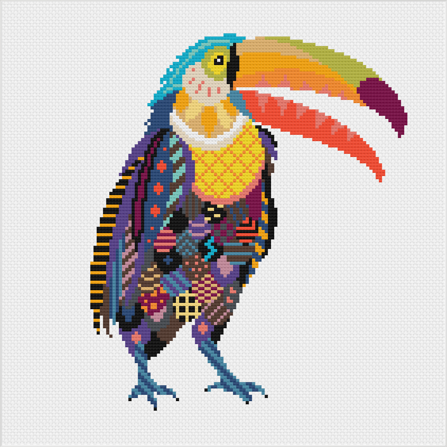 Mandala Toucan counted cross stitch kit featuring a colourful tropical bird design on white fabric