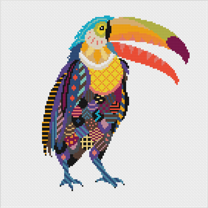 Mandala Toucan counted cross stitch kit featuring a colourful tropical bird design on white fabric