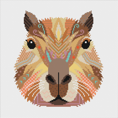 Mandala Capybara counted cross stitch kit featuring a colourful modern capybara design on white fabric