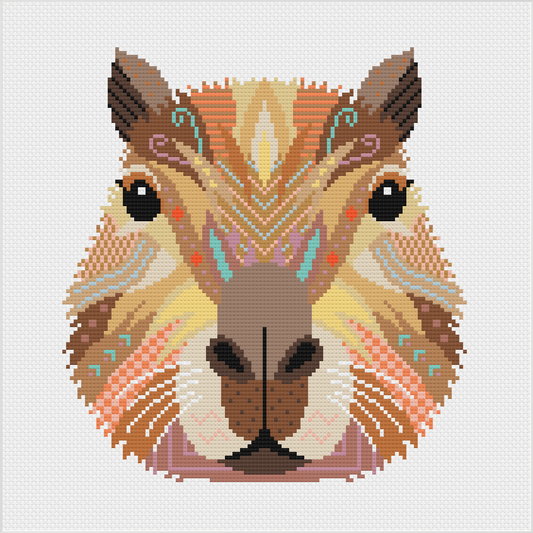 Mandala Capybara counted cross stitch kit featuring a colourful modern capybara design on white fabric