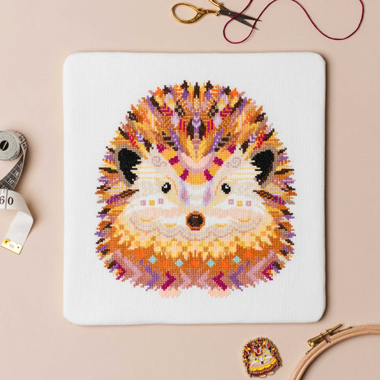 Mandala Hedgehog cross stitch kit flat lay with DMC threads and stitching accessories