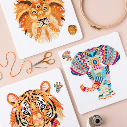 Mandala Elephant, Lion and Tiger counted cross stitch kits with matching magnetic needle minders