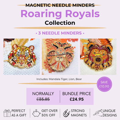 Roaring Royals magnetic needle minder bundle featuring mandala lion, tiger, bear designs