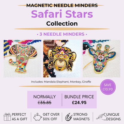 Safari Stars magnetic needle minder bundle featuring mandala elephant, monkey and giraffe designs