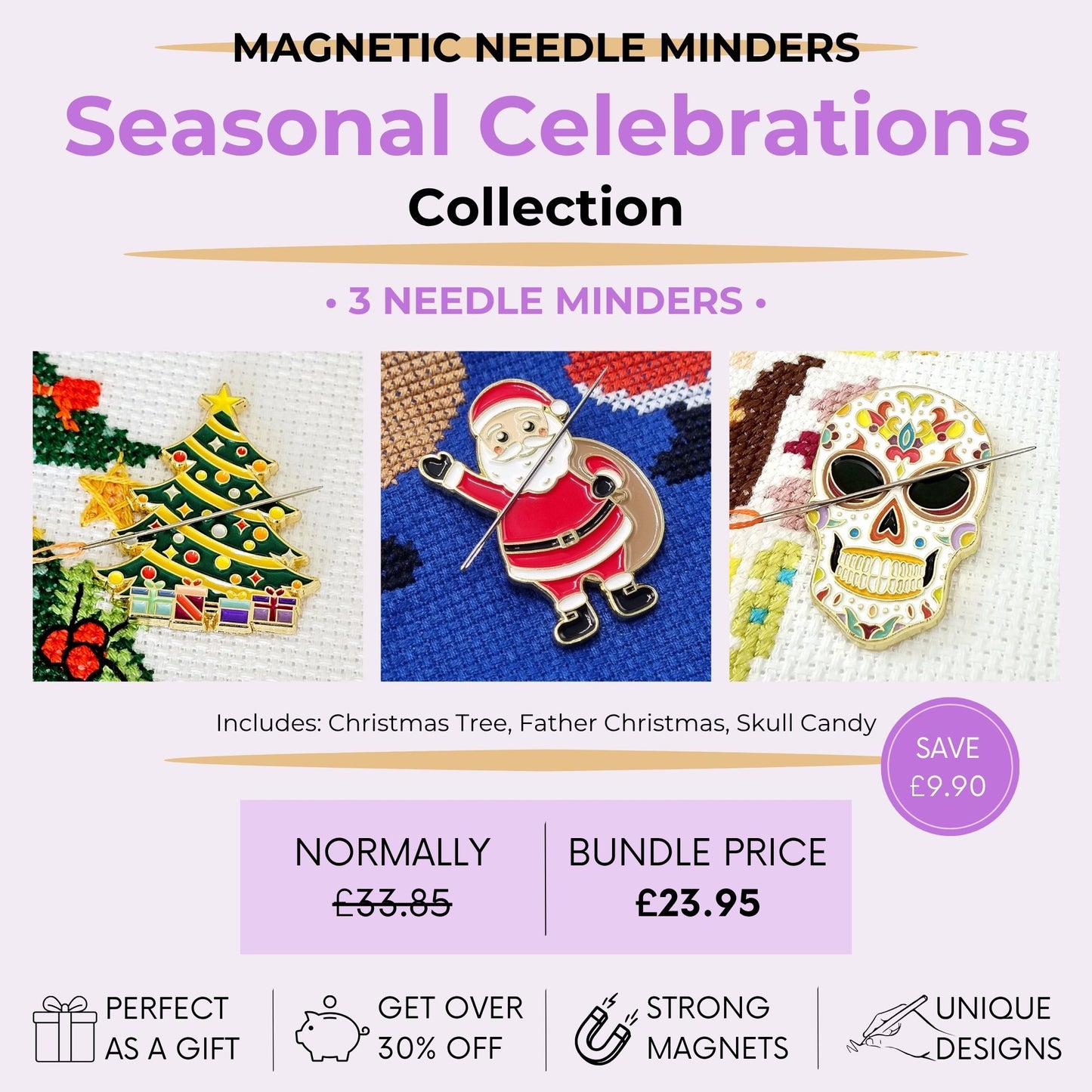 Seasonal celebrations magnetic needle minder bundle featuring Christmas tree, Father Christmas, Skull Candy designs