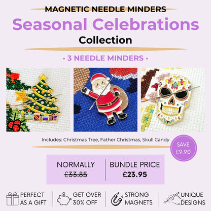 Seasonal celebrations magnetic needle minder bundle featuring Christmas tree, Father Christmas, Skull Candy designs