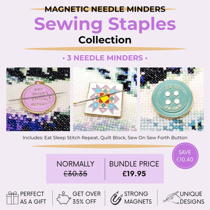 Sewing Staples magnetic needle minder bundle featuring Eat Sleep Stitch Repeat, Quilt Block and Sew On Sew Forth Button designs