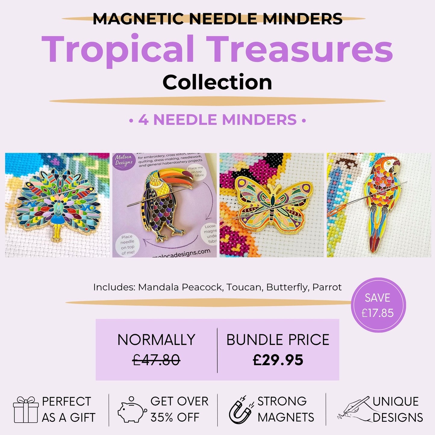Tropical Treasures magnetic needle minder bundle featuring mandala peacock, toucan, butterfly and parrot designs