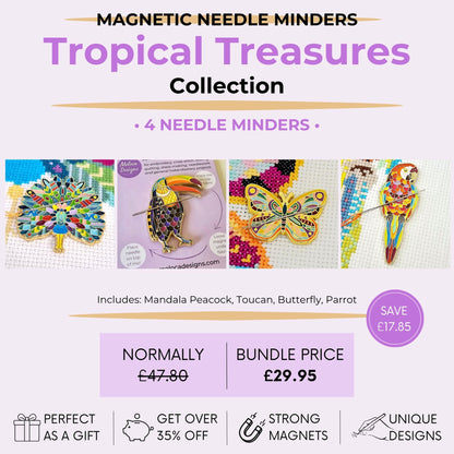 Tropical Treasures magnetic needle minder bundle featuring mandala peacock, toucan, butterfly and parrot designs