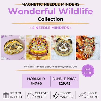 Wonderful wildlife magnetic needle minder bundle featuring mandala sloth, hedgehog, panda, owl designs