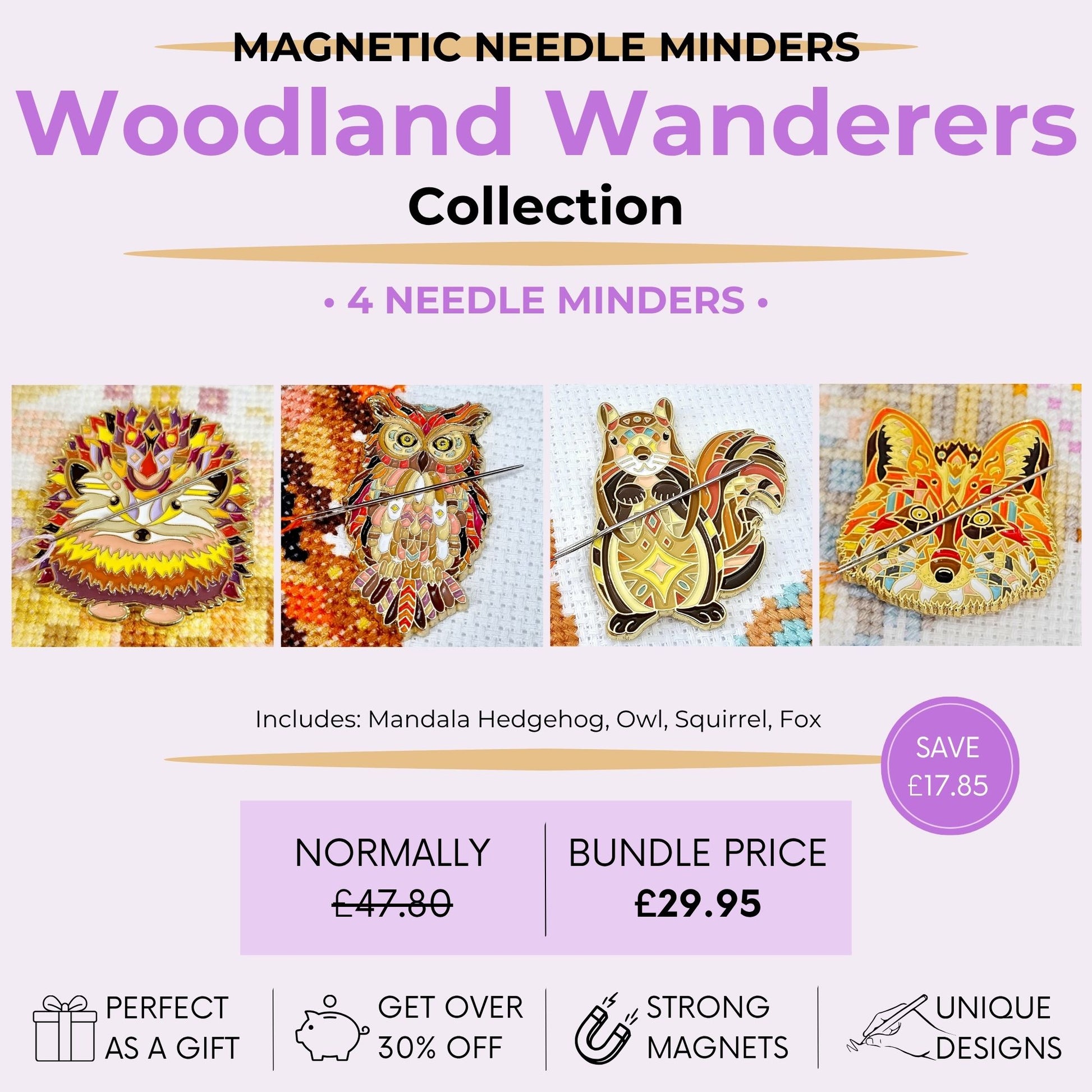 Woodland Wanderers magnetic needle minder bundle featuring mandala hedgehog, owl, squirrel and fox designs