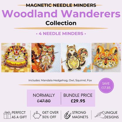 Woodland Wanderers magnetic needle minder bundle featuring mandala hedgehog, owl, squirrel and fox designs